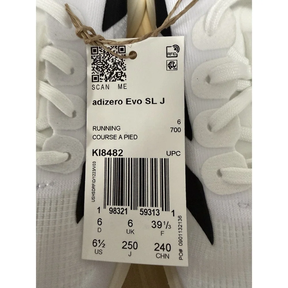 adidas Adizero Evo SL White Black Running Shoes KI8482 Youth Sz 6.5 Women Sz 7.5